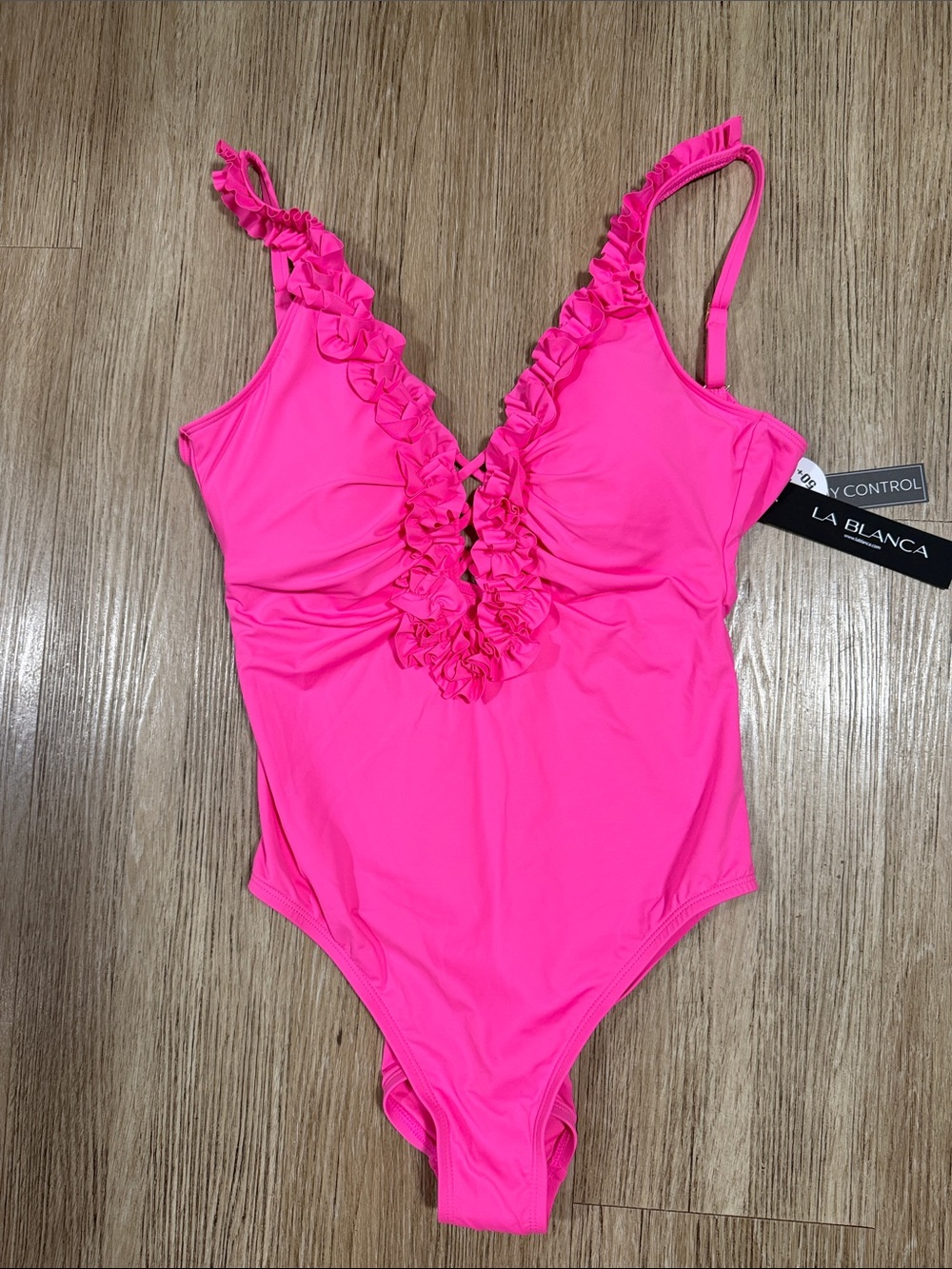 La Blanca Neon Pink Ruffle Deep V One-Piece Swimsuit size 12